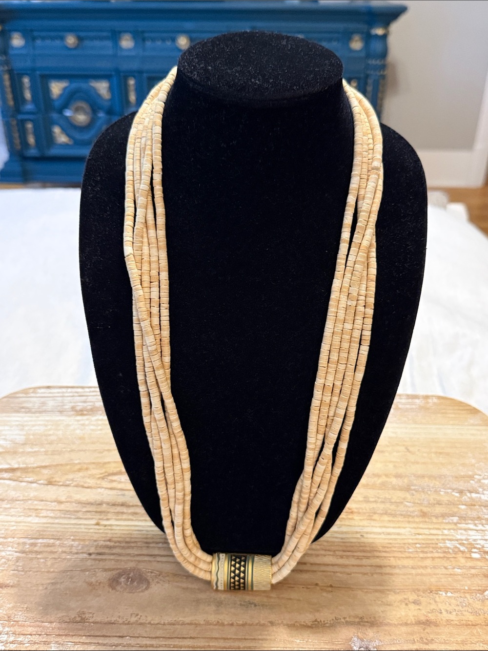 Vintage Boho Tan Beige Beaded Multi Layered Long Statement Necklace